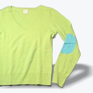 Boo Gemes Pure Cashmere V Neck Sweater Lime Green Blue Elbow Patches Women Small